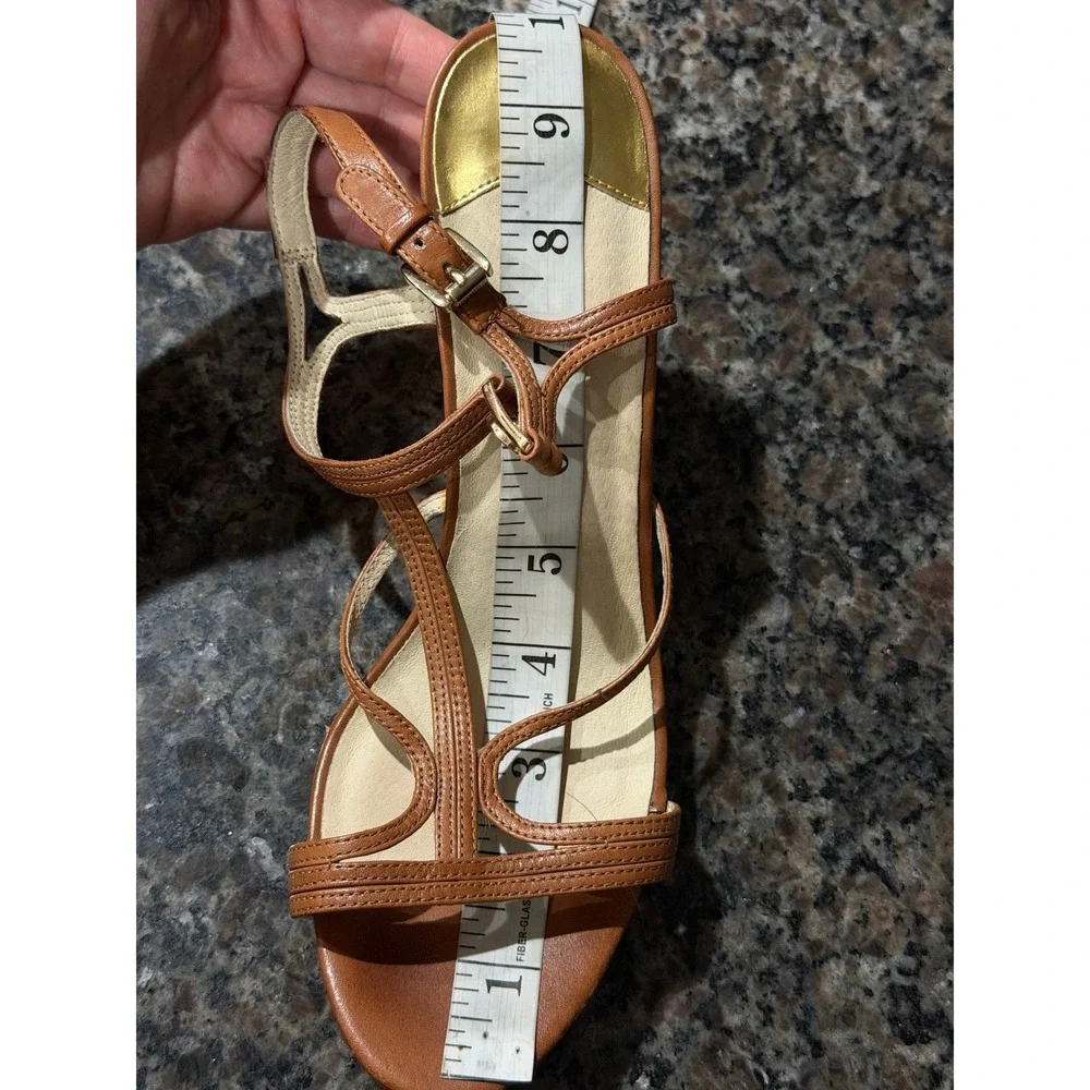 Michael Kors Tan Leather Cork Wedge Sandals Strappy T-Strap Gold MK Logo 9.5in